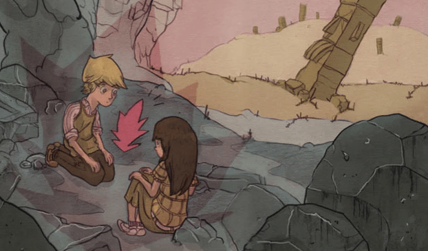 Cropped from the cover of Kill Screen issue 3: the Intimacy issue. An illustration of a boy and girl, sitting across from each other on the floor of a cave. Beyond the cave's mouth, what appear to be the ruins of an ancient civilization