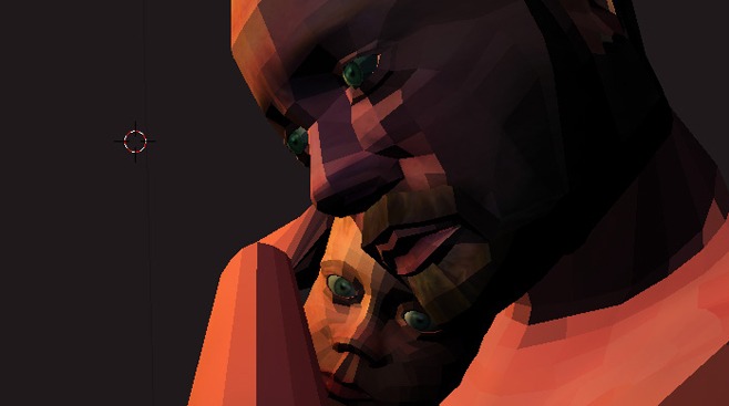 a moody, polygonal rendering in which the child, Joel, is cradled
