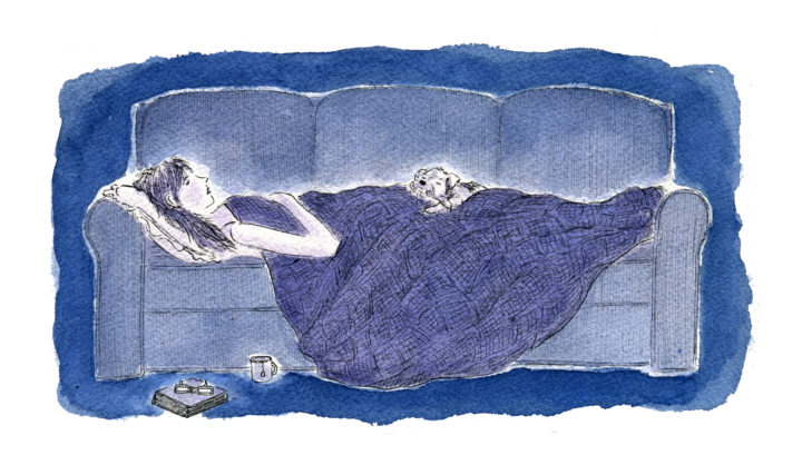 watercolor illustration of the author (except with bangs), stretched out on the couch asleep under a blanket, with a tiny dog curled on her lap