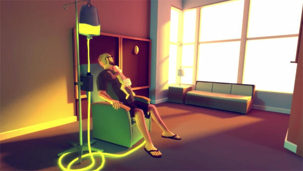 a CG rendering of Ryan Green holding his son in a hospital room. The screenshot is from Ryan's game That Dragon, Cancer