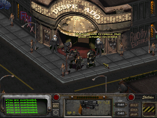 a screenshot from Fallout 2: people are crowded outside of an electric saloon or something
